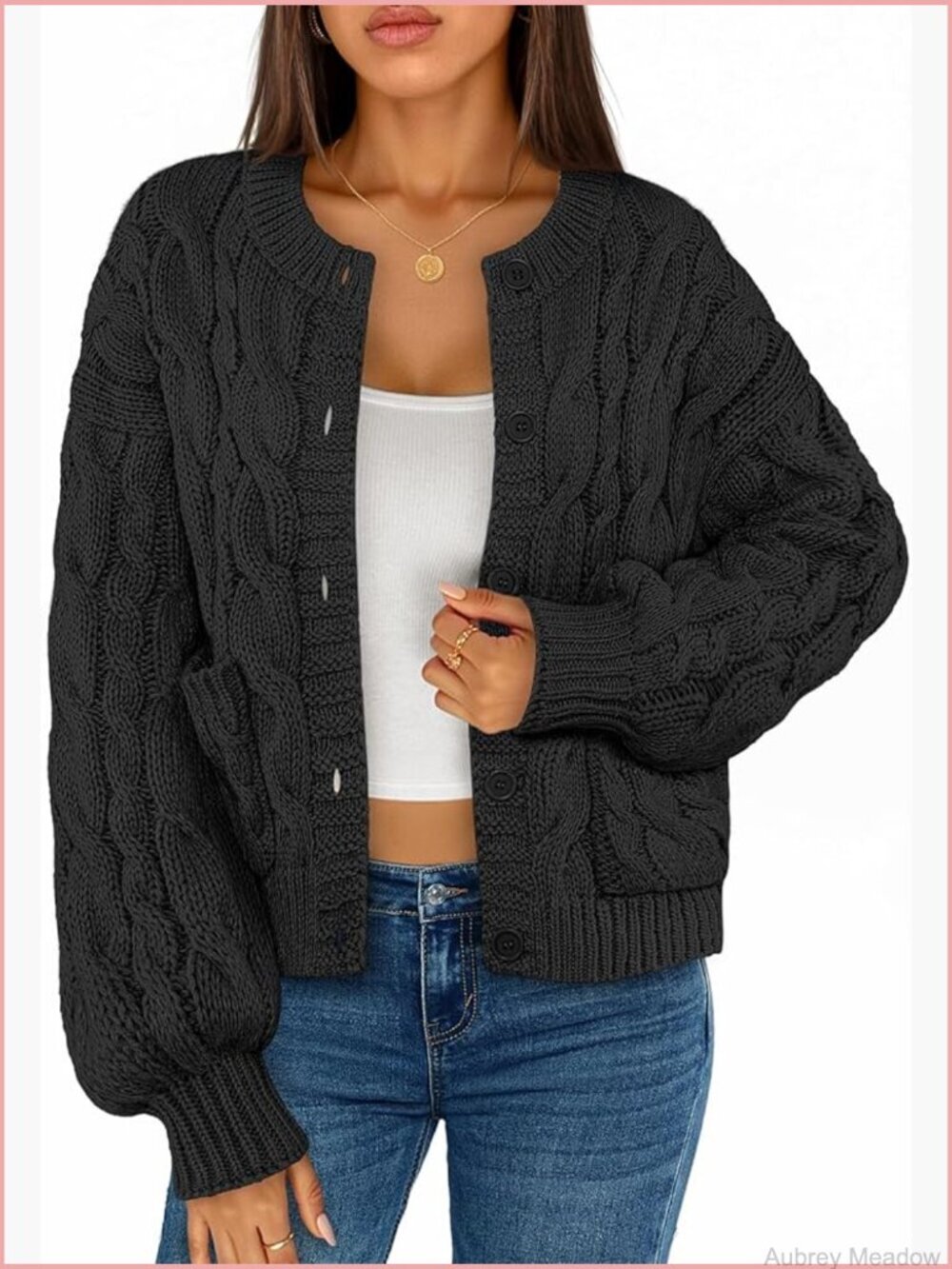 Women's Chunky Cable Knit Cardigan Long Sleeve Button Up Cozy Sweater